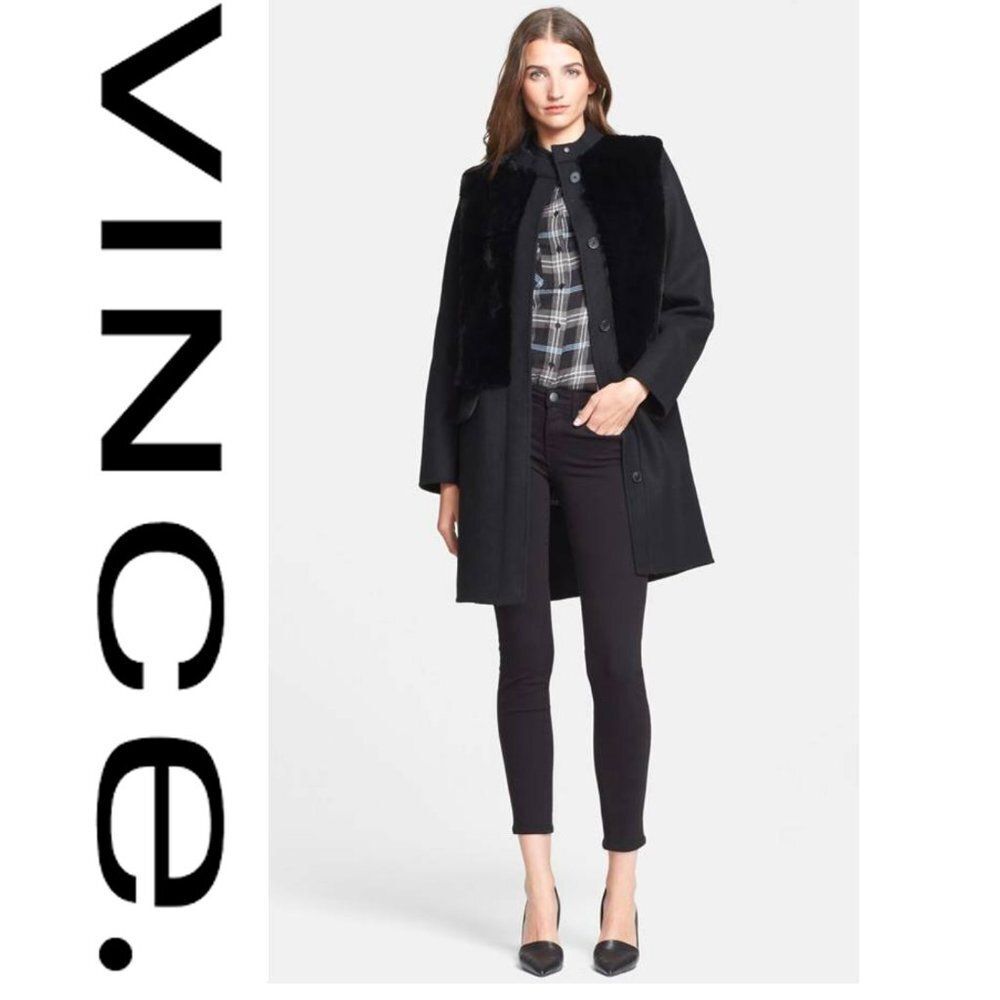 Vince Black Wool Rabbit Fur Paneled Coat XS Classic Contemporary ASO Kardashian